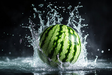 A large green watermelon hits the water surface creating a dramatic splash with water droplets suspended midair against a dark background