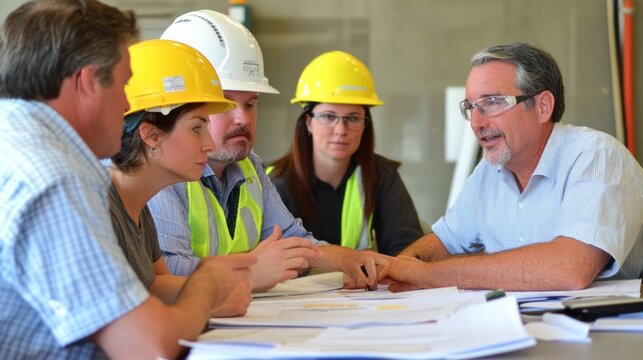 Generate a photo realistic image of a safety committee reviewing workplace safety policies, with policy documents, committee members discussing, and policy revision process visible