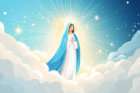 Illustration of Virgin Mary ascending to heaven on clouds