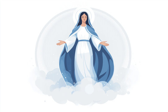 Mary ascending to heaven, flat illustration style