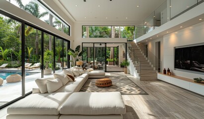 Modern white home interior featuring large glass doors and a big TV with a view of greenery