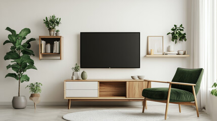 Obraz premium Green armchair and TV stand with decor on white wall in living room.