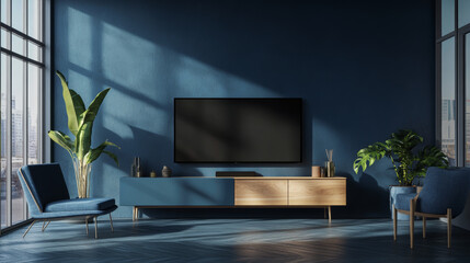 Modern living room with TV cabinet on dark blue wall, created with 3D rendering.