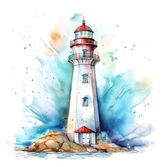 Marine lighthouse watercolor illustration, marine animals clipart
