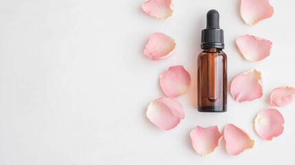 Overhead shot of rose essential oil in a glass bottle alongside pink rose petals. Perfect for illustrating aromatherapy, natural health remedies, and relaxation concepts. Photo