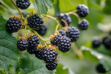 Mystic photo of Columbia Star Blackberry on the vine, isolated on white background