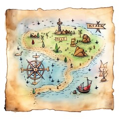 Marine pirates treasure map watercolor illustration, marine animals clipart