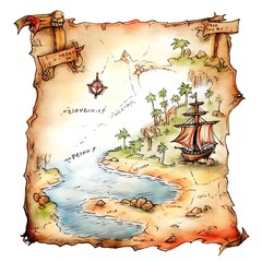 Marine pirates treasure map watercolor illustration, marine animals clipart