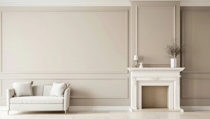 Fototapeta premium Elegant Living Room Interior with White Sofa and Fireplace