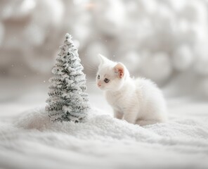 A playful white kitten is seen exploring a small, snow-covered Christmas tree, capturing a moment of curiosity and festivity.