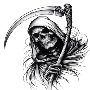 recommend clip art: A detailed line drawing of the Grim Reaper, featuring the iconic scythe and hood, on a plain white canvas