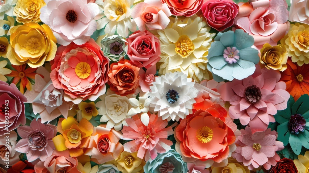 Wall mural Handmade paper flowers creatively adorn a wall background.