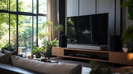 Sleek, modern television rests on a chic table in a stylish living room, showcasing the latest in home entertainment and design.