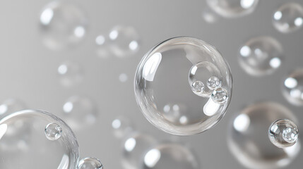 Fototapeta premium Transparent bubbles float in a 3D space. They collide and bounce off each other against a gray background.