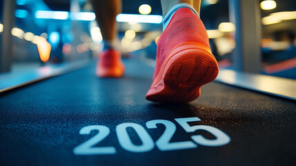 A close-up view of running shoes on a treadmill, with "2025" prominently displayed, symbolizing the countdown to a new year of fitness and health goals.