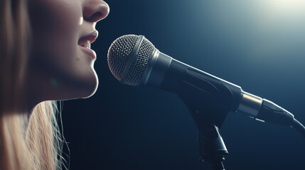 Close-up of a beautiful young woman next to a microphone, showcasing the intensity and passion of a live singing performance. The image captures the essence of a female singer in a