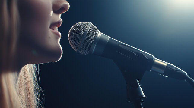 Close-up of a beautiful young woman next to a microphone, showcasing the intensity and passion of a live singing performance. The image captures the essence of a female singer in a