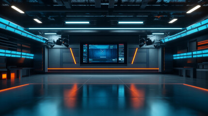 Naklejka premium Virtual TV studio backdrop for news shows and TV shows. TV on the wall. Virtual news studio background.