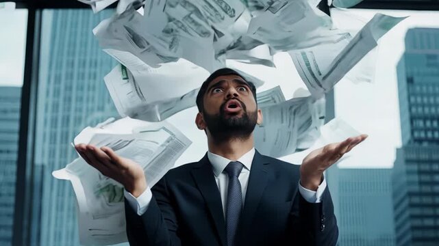 Man stands in white room surrounded by falling papers, his hands raised in gesture of surrender or despair. Papers are in mid-air, some swirling and others falling to ground around his feet.