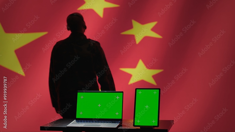 Wall mural Chinese air defense division personnel monitors incoming enemy aerial attacks with green screen devices. China secret service maintains air space superiority with chroma key radar equipment, camera A