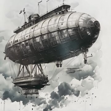 Vintage airship soaring through billowing clouds, highlighting intricate engineering and design details. Artwork captivates with its rich contrasts and dynamic composition,