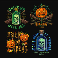 Labels with bottle with skull and poisonous potion, criss crossed brooms, spider web, pumpkin heads, text. Colorful witchy illustrations on black background in vintage style