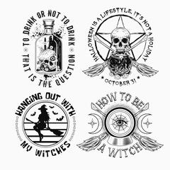 Labels with cauldron, skull, bottle with potion, magic ball, criss crossed brooms, pentagram sign, magic ball, wiccan signs, text. Black and white witchy illustrations on white in vintage style