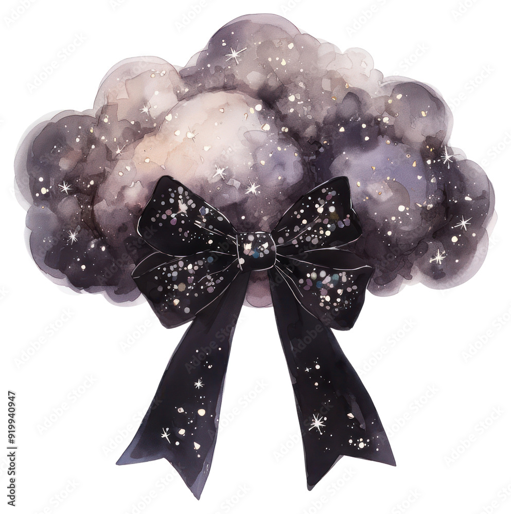 Sticker png cosmic bow on fluffy cloud