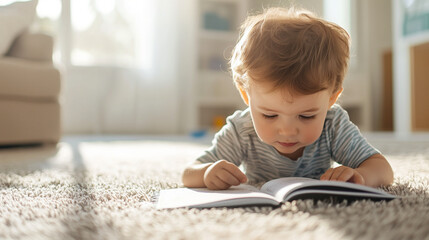 Fototapeta premium Adorable toddler boy lying on the living room floor, focused on his coloring book. This scene emphasizes the importance of early childhood learning and the joy of discovering new t