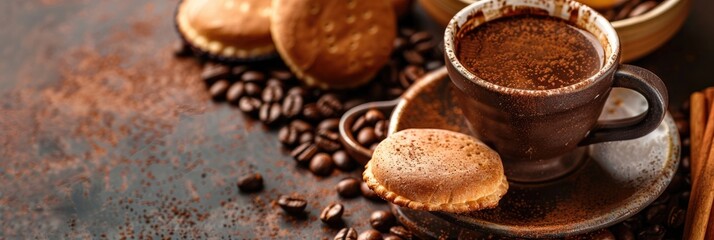 Fototapeta premium Classic coffee cup with chocolate and vanilla pastry shells