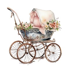 Spring baby stroller watercolor illustration, spring clipart