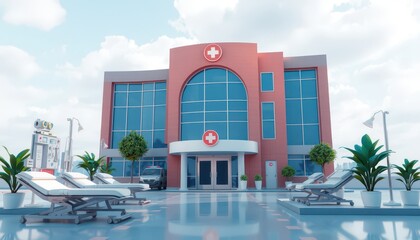 Naklejka premium Modern Hospital Building with Ambulances and Medical Equipment.