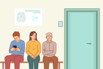 Queue at doctor office. People sitting, waiting for reception, patients in hospital, medical facility visit, sitting in row, corridor with seats cartoon flat style isolated vector concept