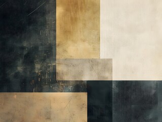 Abstract composition of textured rectangles and squares in a variety of colors including black white and gold