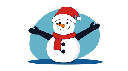 A joyful snowman wearing a red hat and scarf greets the winter season with open arms, surrounded by holiday cheer and gifts.