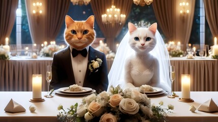 happy cats in wedding attire, adorable couple