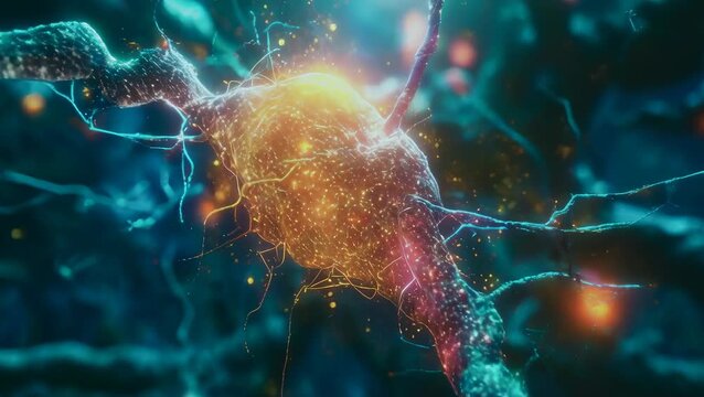 Close-up view highlighting neural connections and firing neurons in the brain. Brightly lit synapses glow amidst the network of neurons, showcasing brain activity. Vivid colors emphasize the electric