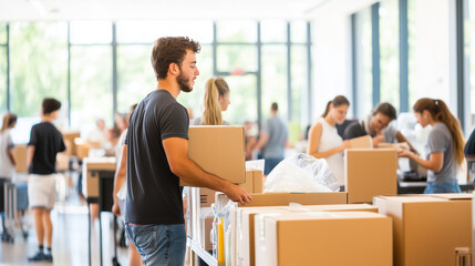 Fototapeta premium A busy dorm move-in day, with students and their parents hauling furniture and boxes into the dorm room, unpacking and decorating the space to make it feel like home, the scene is