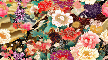 A vibrant floral pattern with a variety of colorful flowers and leaves, showcasing rich and detailed designs.