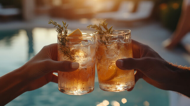 Two hands holding glasses of cocktails with lemon slices, clinking together in a toast, with a sunlit outdoor setting in the background.