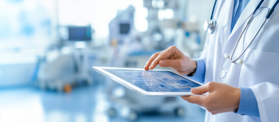 Obraz premium Healthcare professional interacting with an electronic medical record, on a digital tablet, showing a comprehensive overview of a patientâs health data, the background includes adv