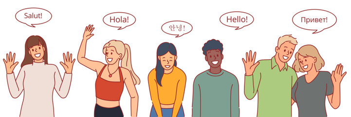 People speak languages. International greeting, guys and girls with speech bubbles, multilingual communication, waving hands, cheerful phrases, cartoon flat isolated illustration, vector set
