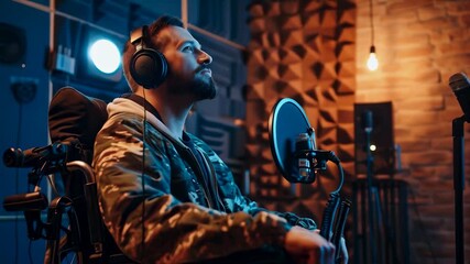 A young caucasian man with a beard, wearing a camouflage jacket, records a podcast in a soundproof studio. He is seated and speaking into a microphone with headphones on, under warm lighting.