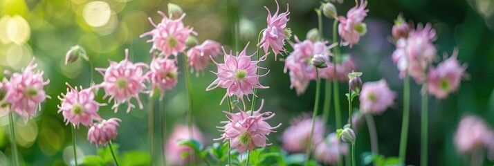 Fototapeta premium Meadow rue with pink fluffy flowers in a garden setting.