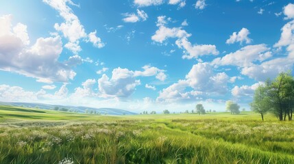 Fototapeta premium The meeting of blue sky and green meadows in a peaceful countryside setting.