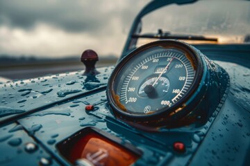 Close-up of a vintage car speedometer with raindrops on the surface.