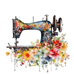Spring floral vintage cottagecore sewing machine watercolor illustration, spring clipart