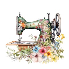 Spring floral vintage cottagecore sewing machine watercolor illustration, spring clipart