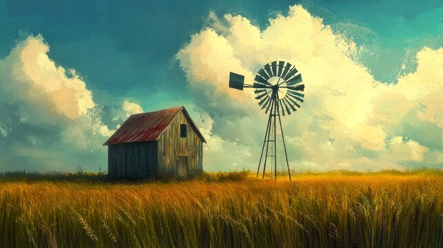 Rustic country landscape with barn and windmill under a blue sky with fluffy clouds. Art style image depicting serene nature. Ideal for backgrounds or prints. Tranquil farm scenery. AI