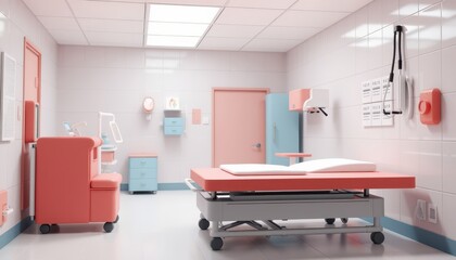 Medical examination room with examination table and medical equipment.